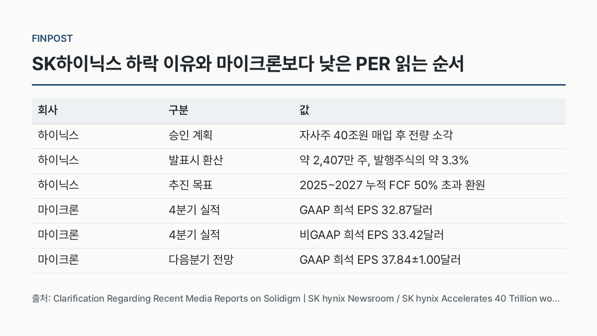 마이크론 실적, 무엇과 비교해야 하나 — 회사 · 구분 · 값 비교표 (SK하이닉스 하락 이유와 마이크론보다 낮은 PER 읽는 순서)